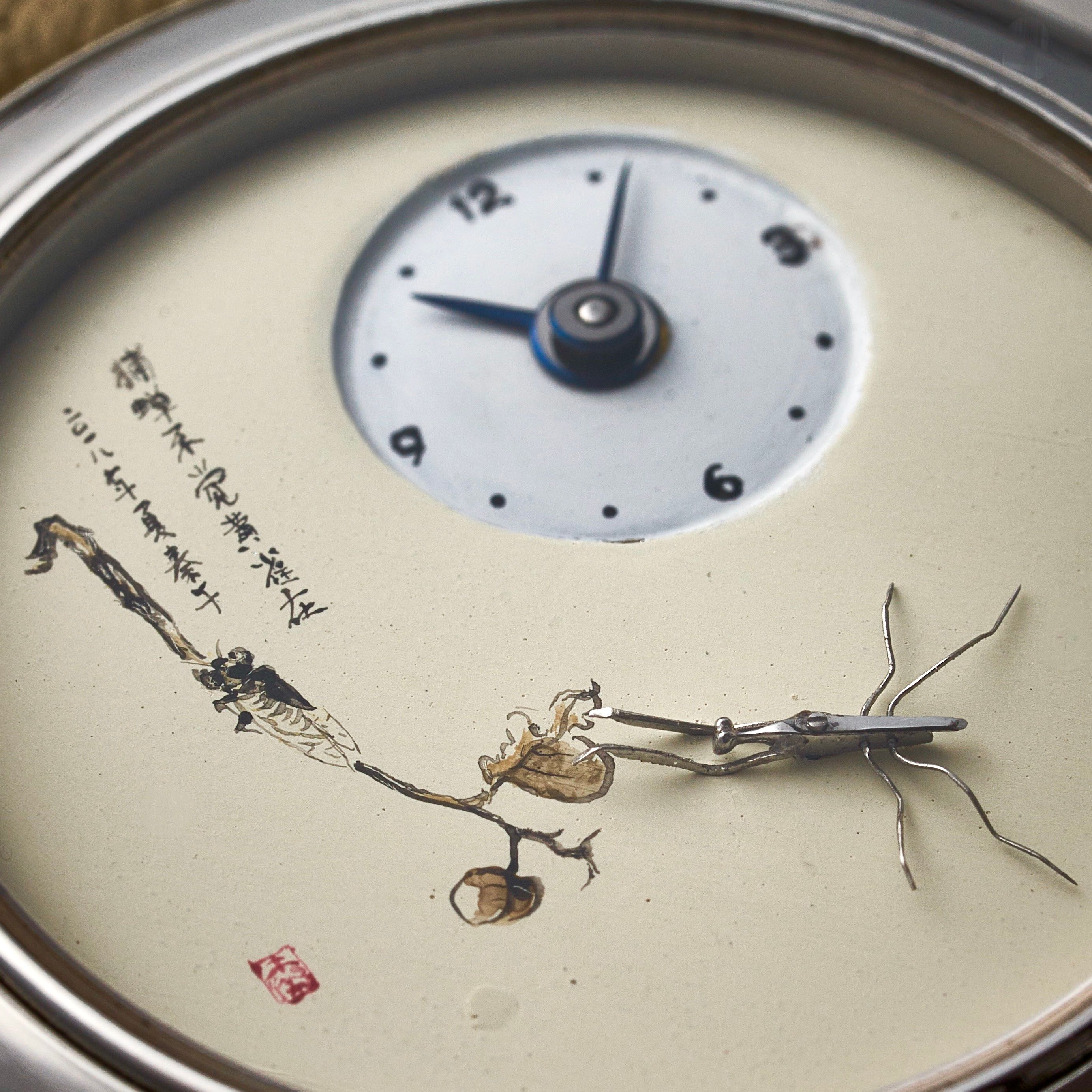 Side-placed Dial with Miniature Painting and Mantis Sculpture detail 3